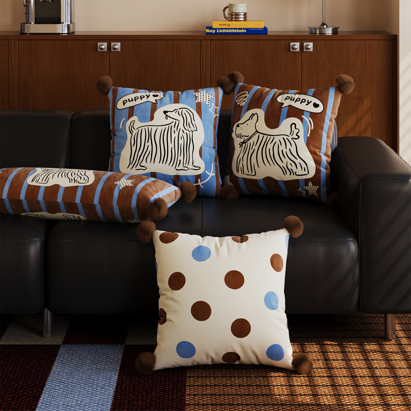 美拉德风长毛小狗抱枕沙发腰靠垫