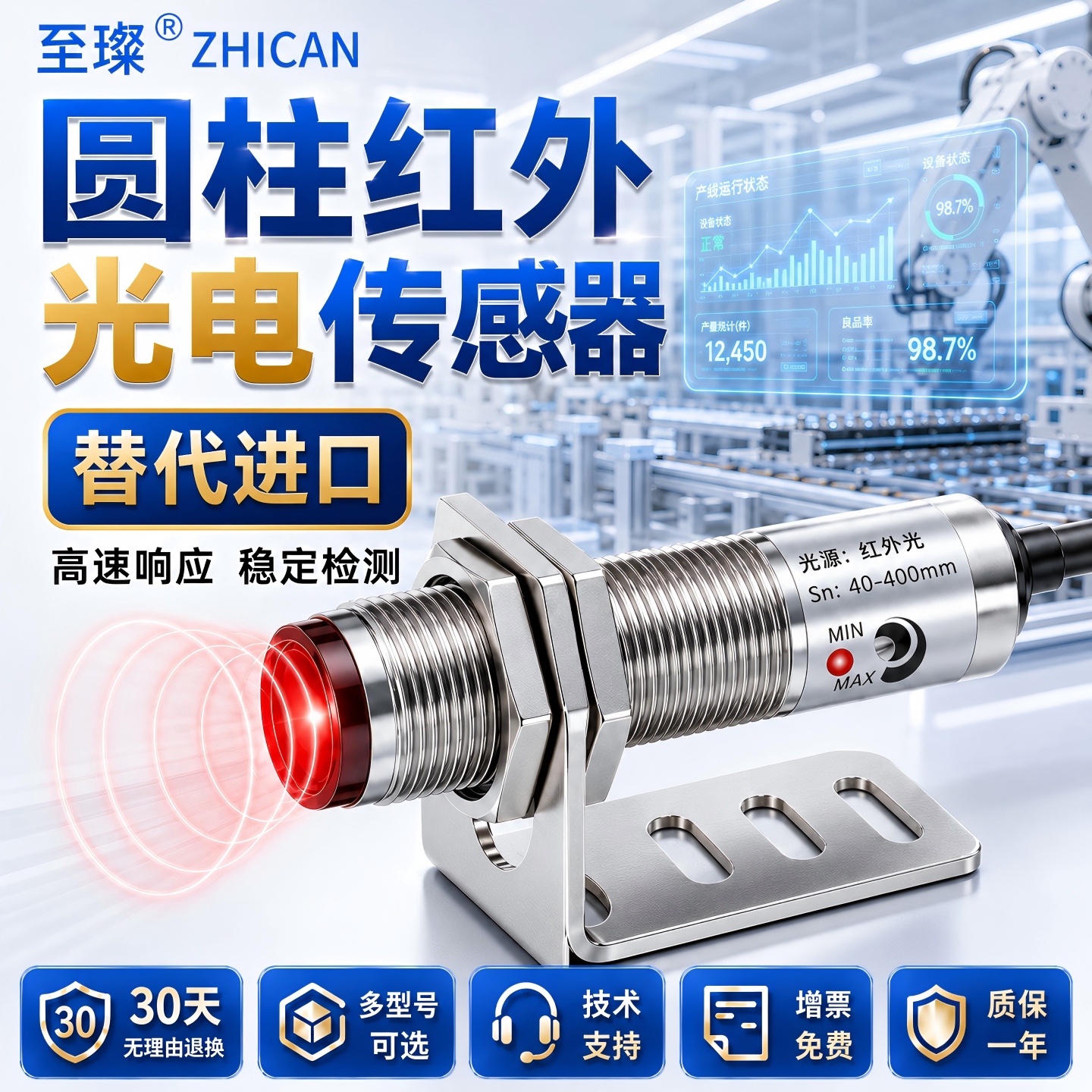 至璨工业级圆柱红外光电开关M8M12M18漫反射光电传感器NPNPNP常开图片