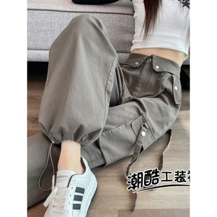 子女秋季 潮酷美式 裤 灰色工装 设计感小个子翻边高腰阔腿束脚运动裤