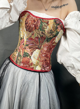 S005跨境牡丹红油画色织提花侧拉链绑带抹胸紧身胸衣塑身衣现货