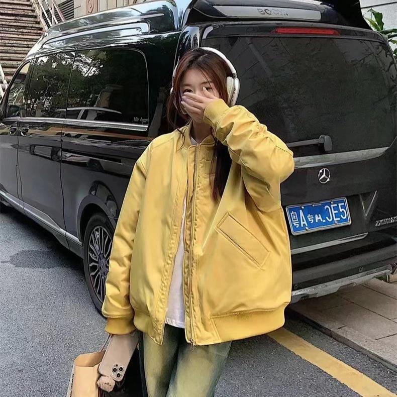 美式飞行员夹克女2025冬设计感黄色棒球服高级感短款情侣工装外套