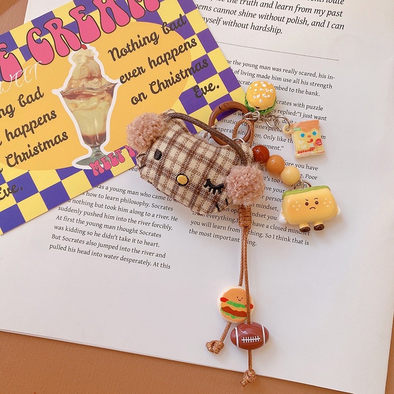 HD11322A03美拉德色系格纹小猫蝴蝶结钥匙扣挂件包包挂饰手机挂链