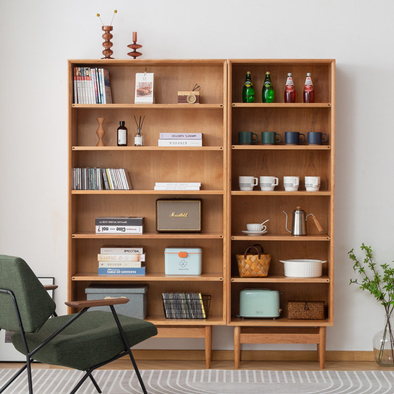 北欧实木樱桃木书架 现代简约原木黑胡桃书柜 多功能书房置物架