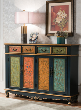 至高美式全实木鞋柜1.5米大容量四斗四门蓝色储物柜复古彩绘家具