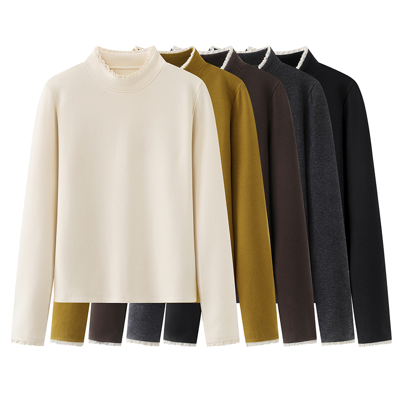 【林小雅专属】半高领长袖打底衫蕾丝花边拼接韩版宽松德绒内搭女