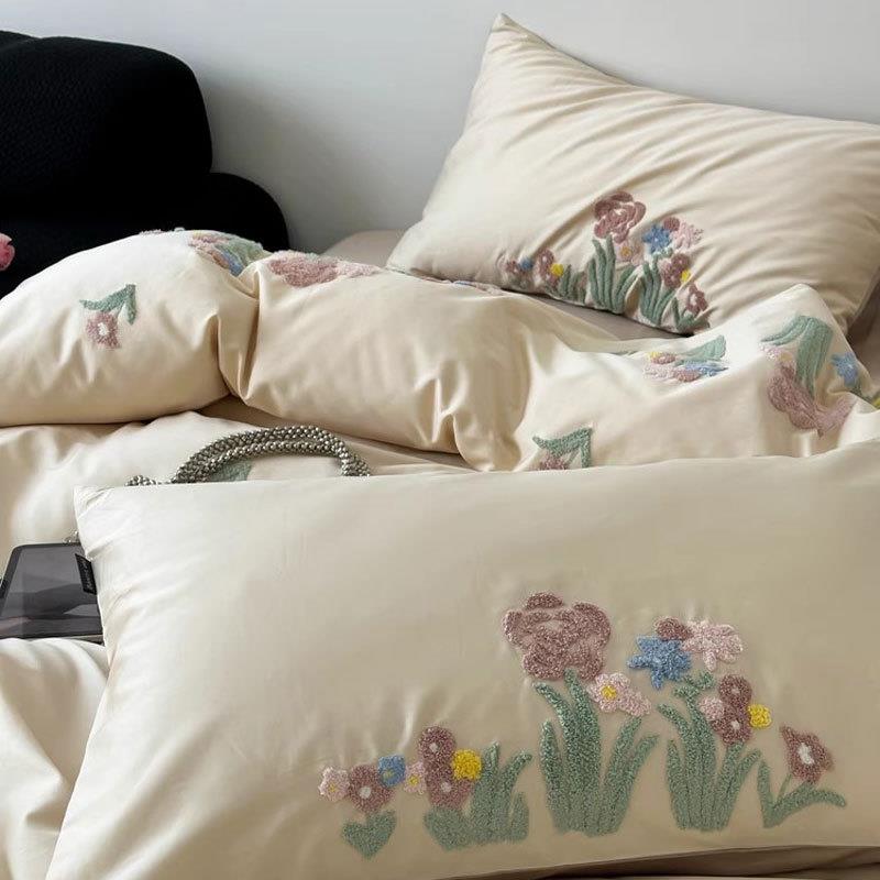 轻奢小清新长绒棉四件套全棉田园风被套床单1.5m1.8米床笠款公主4