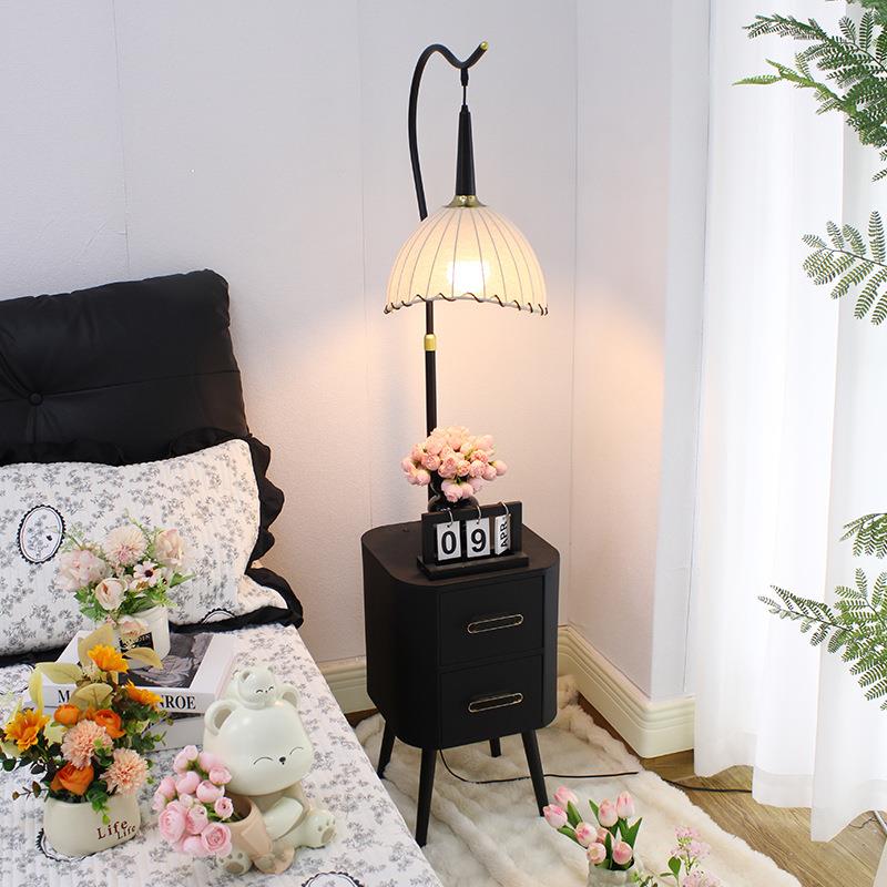 中古风卧室落地灯床头柜台灯一体氛围感复古置物架客厅沙发台灯