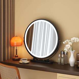 梳妆台镜子led带灯台式桌面中古风感卧室可翻转梳妆镜化妆vω