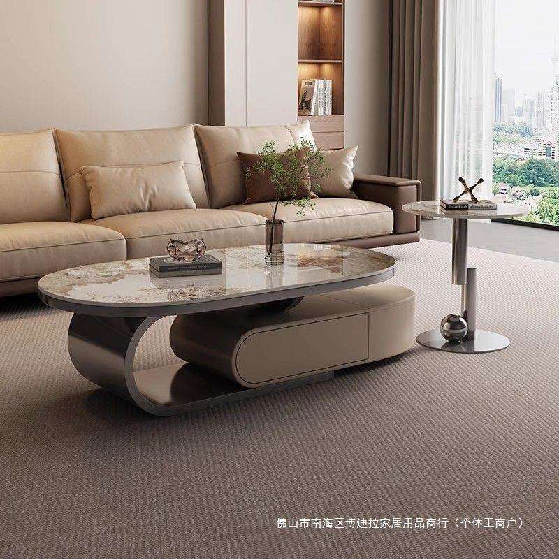 意式极简岩板茶几现代轻奢大小茶几组合客厅用创意带抽岩板茶几装