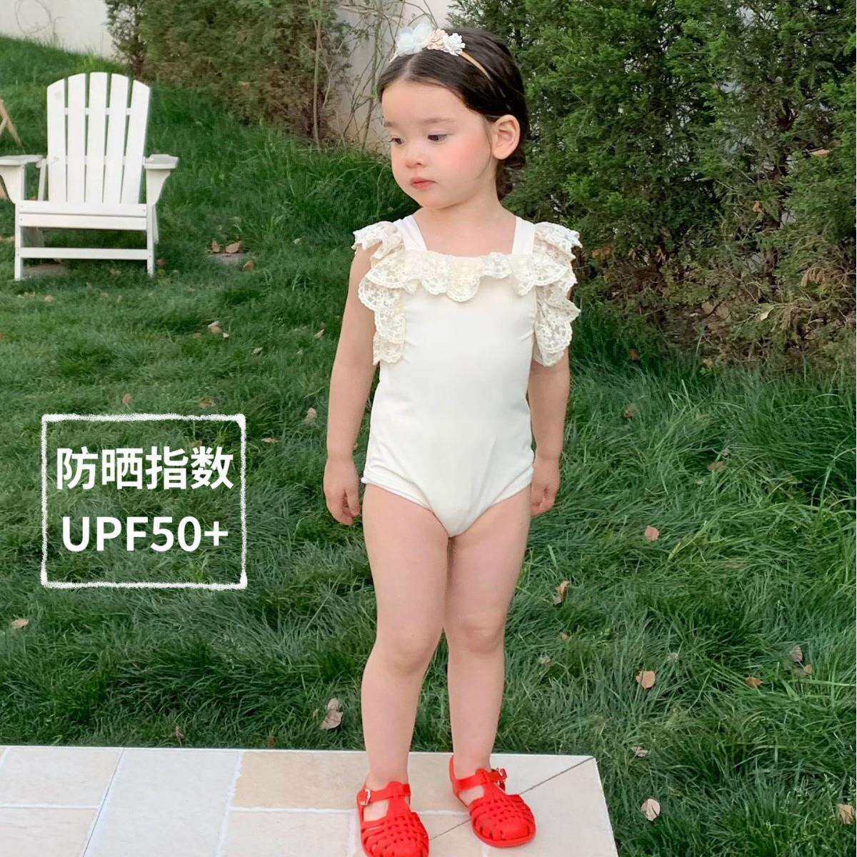 女童洋气蕾丝花边泳衣2025夏季女宝宝韩版吊带连体泳衣防晒泳装