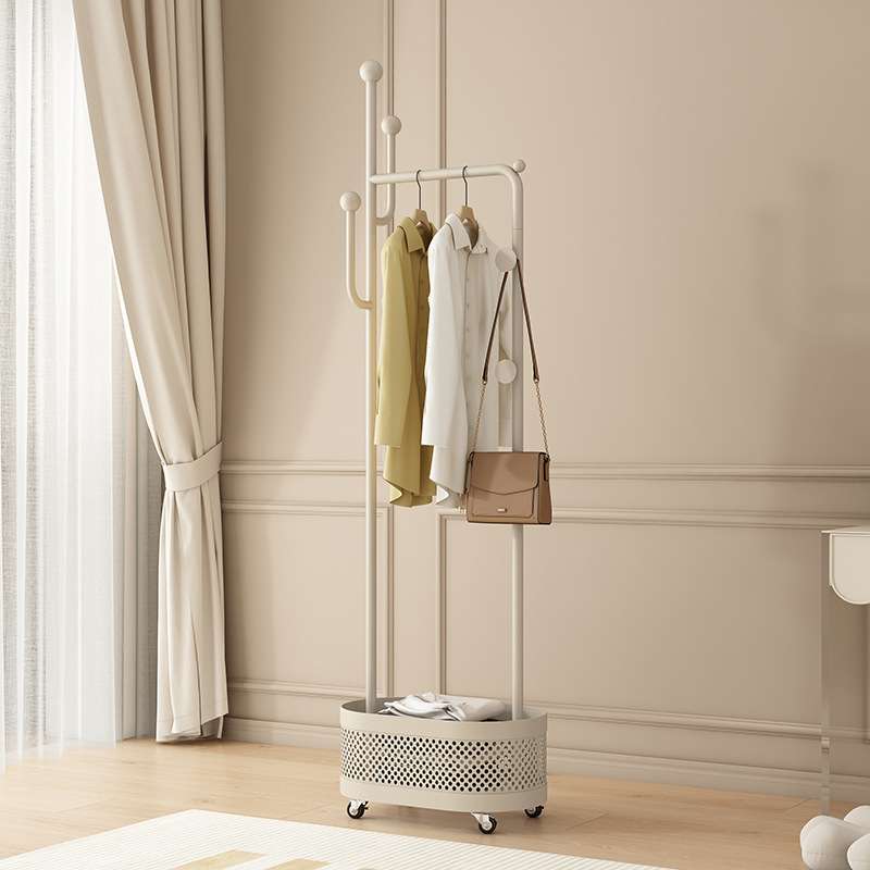 可移动式带轮衣帽架落地卧室衣服挂架奶油风铁艺衣架脏衣篓挂新品