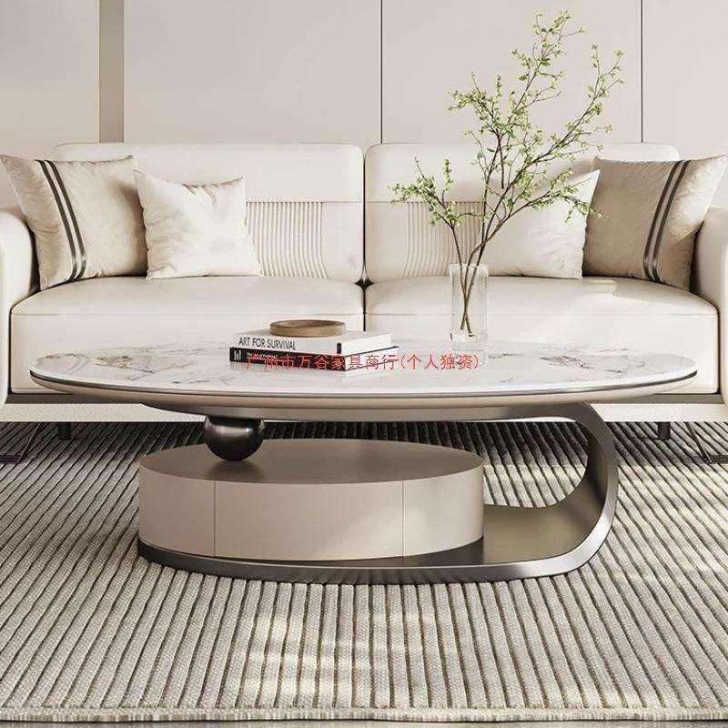 岩板茶几椭圆形大小组合带抽创意电视柜客厅意式轻奢现代简约家用
