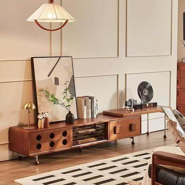 新中式中古伸缩电视柜实木收纳柜组合法式复古客厅家用落地柜