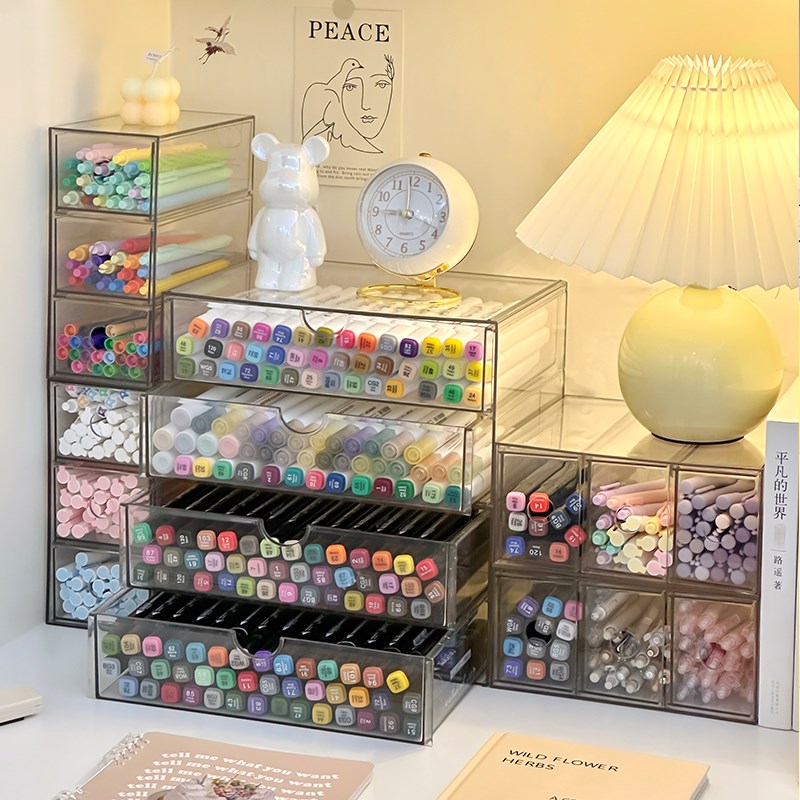 马克笔收纳盒放画笔彩笔铅笔抽屉亚克力J桌面文具置物架大容量笔