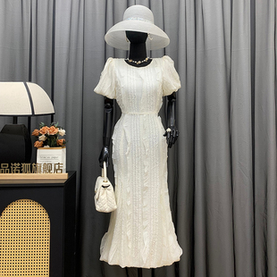 品诺狐半袖高腰遮肚显瘦鱼尾裙米色雪纺纱飞边连衣裙2025夏季新品