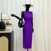 品诺狐2025御姐范夏季 连衣裙 不等斜式 新品 高腰包臀裙紫色冰丝无袖