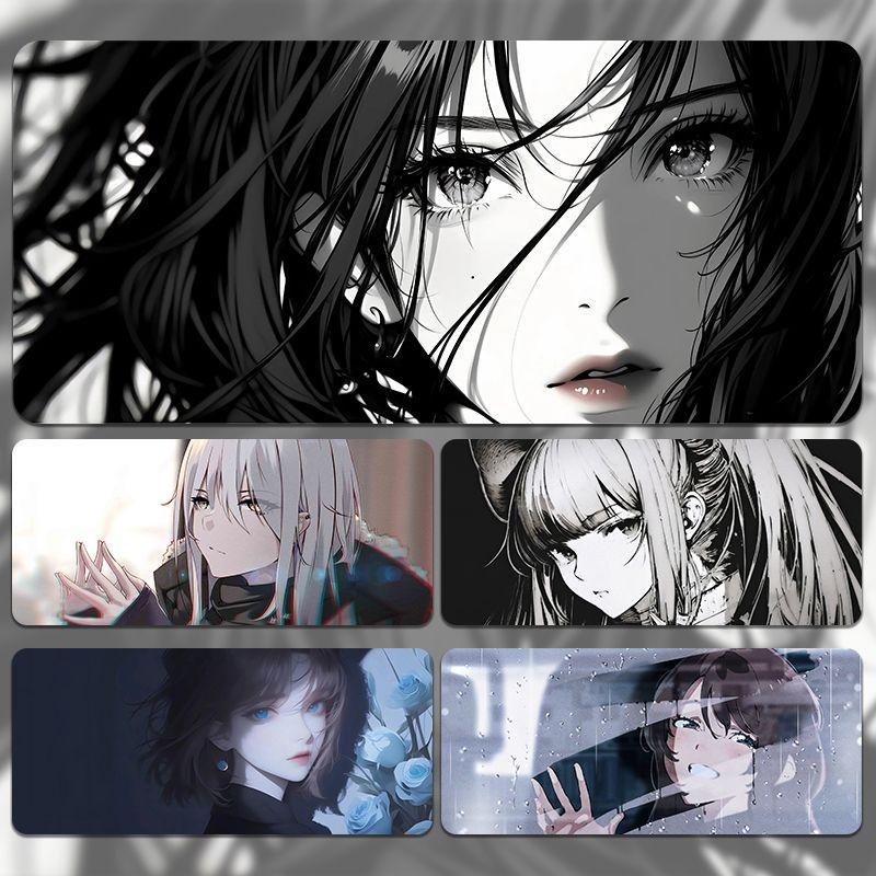 动漫美女鼠标垫超大号黑白高级感二次元书桌垫定制电脑电竞键盘垫