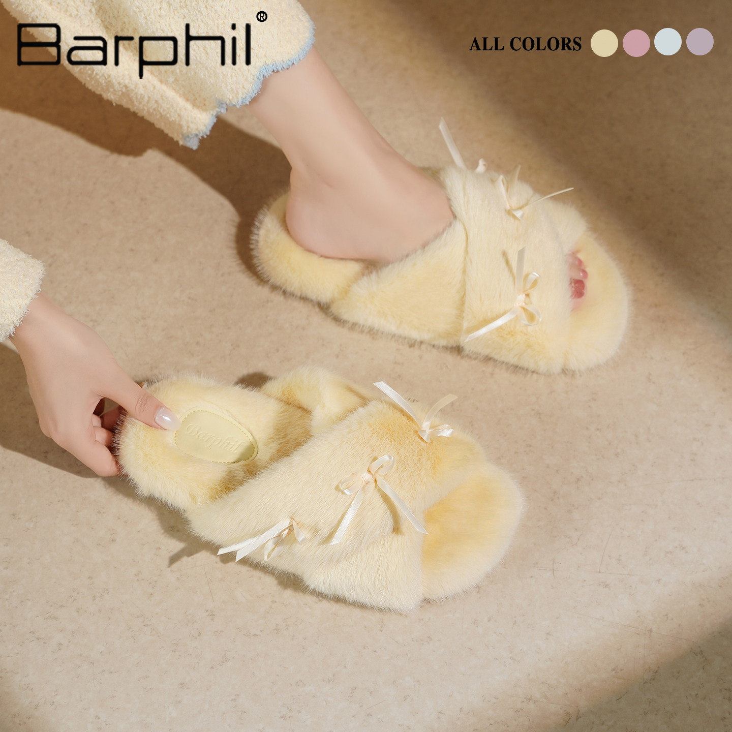 Barphil棉拖鞋女士2026新款秋冬蝴蝶结甜美软底保暖居家室内静音