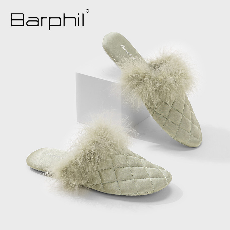 Barphil毛毛拖鞋女秋冬新款包头棉拖室内家居防滑静音布拖鞋女士