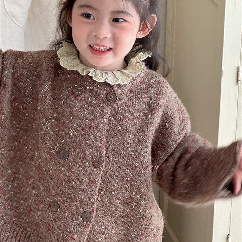 现货儿童特种纱彩色毛衣2024秋冬新款韩版女童双排扣开衫毛线衫