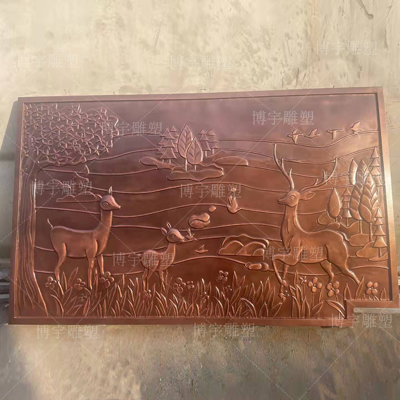 新品铜浮雕苍小路壁画背景墙锻铜瑞兽动物雕塑浮雕画紫铜黄铜装饰图片