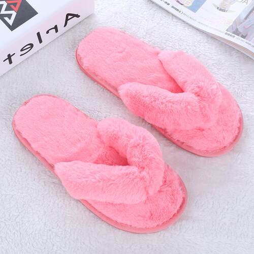 好货Slippers毛毛一体情侣拖鞋人字拖家居室内地板防滑月子秋冬棉