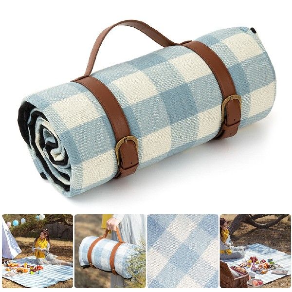 Blue Grid Outdoor Leather Blanket Strap Foldable Picnic Mat