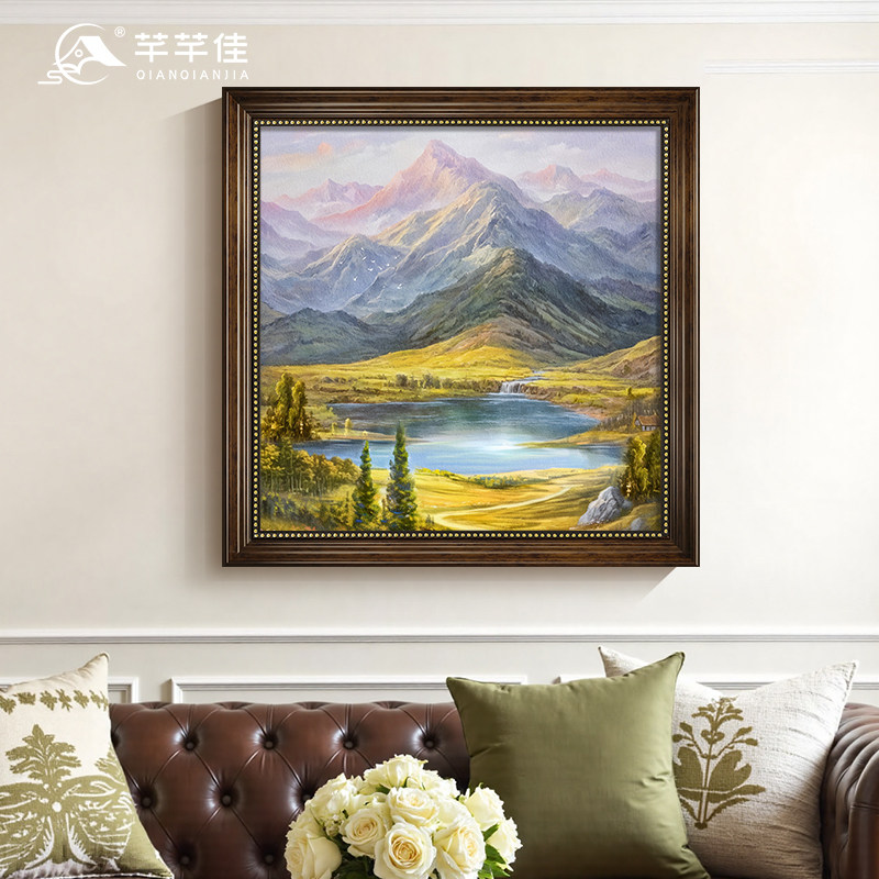 聚宝盆山水画客厅装饰画西墙聚财靠山图沙发墙挂画方形入户玄关画