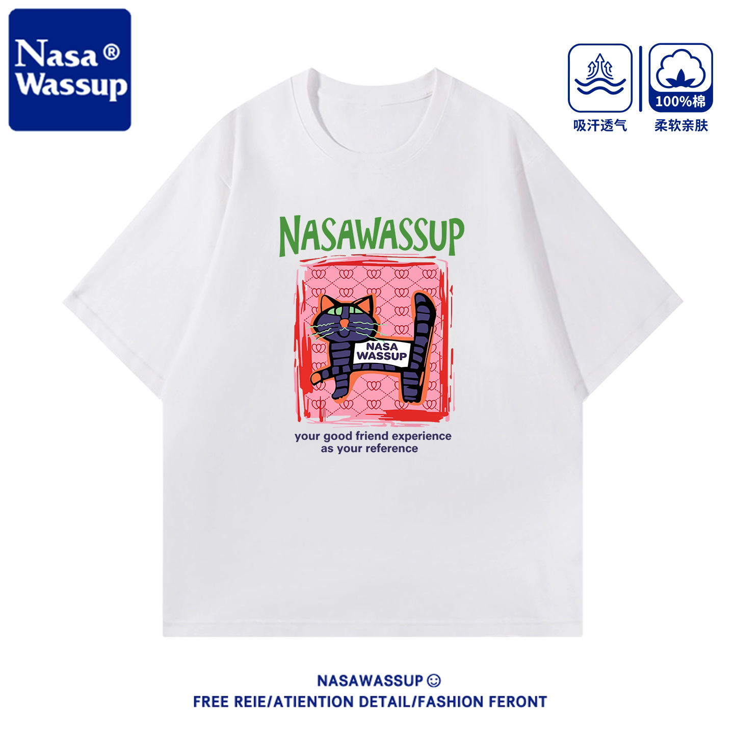 NASAWASSUP美式卡通猫咪纯棉短袖t恤圆领男女情侣夏季百搭上衣潮
