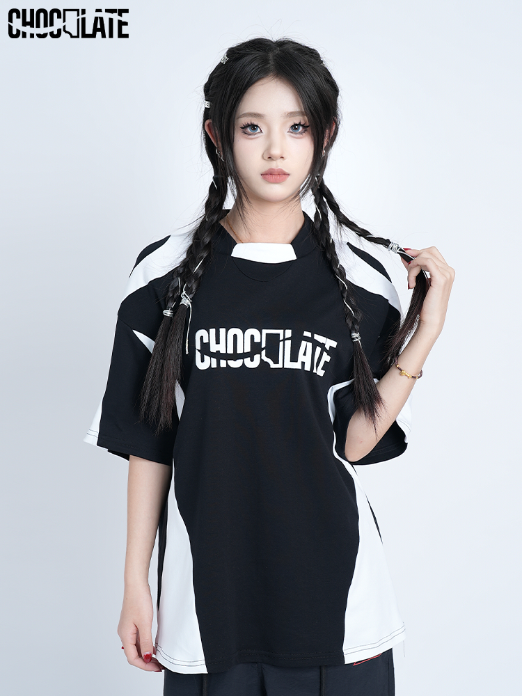 CHOCOLATE黑色巧克力色拼接短袖T恤 宽松运动街舞美式中性男女装