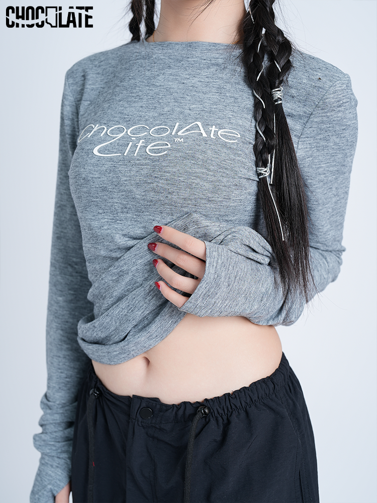CHOCOLATE花灰抹茶绿黑色纯色长袖打底衫T恤 基础简约街舞女上衣