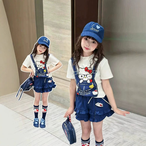 2026夏季新款女童短袖木耳边短裤软萌暴击Kitty背带印花裙裤套装