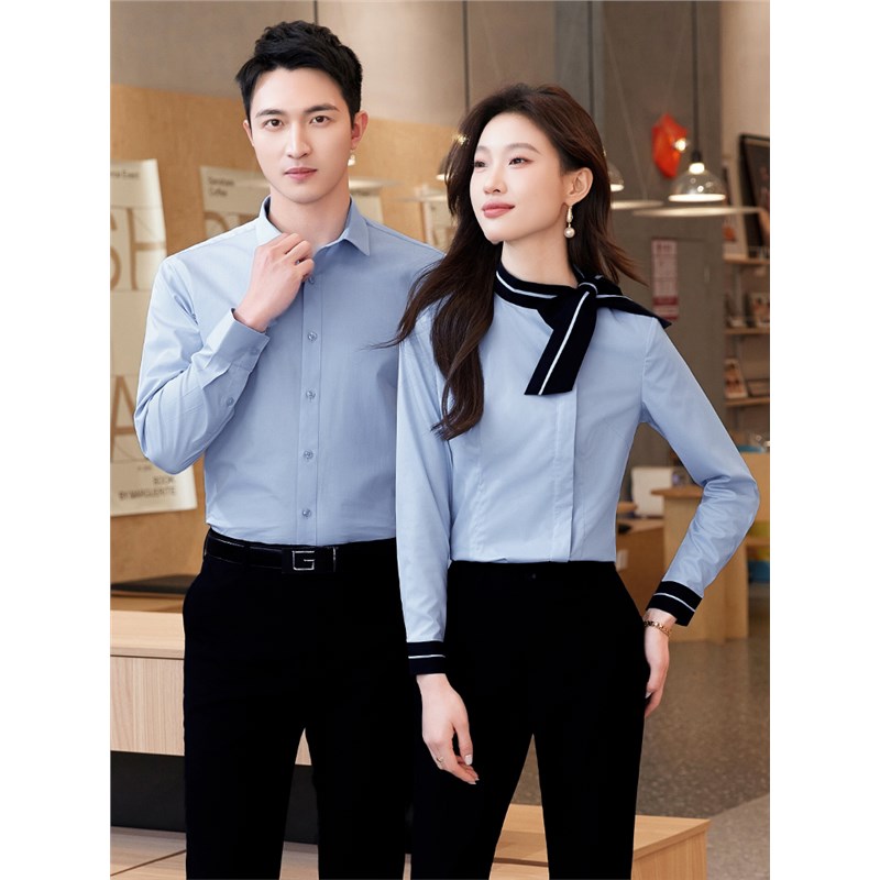好货浅灰工作服衬衫男女职业装长短袖4S店酒店前台工装衬衣定制绣