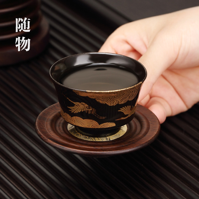 极速r日式黑檀木茶杯垫家用纯铜杯托功夫茶具禅意茶道配件实木隔