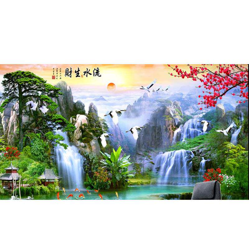 极速8D中式纸客风景电视景背壁壁纸迎客松山水墙流水生财壁纸壁画