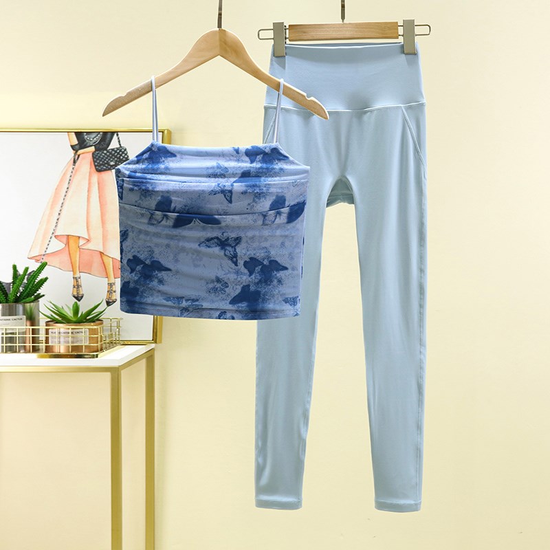 好货蝴蝶印花瑜伽服吊带文胸套装女透气网纱修身性感瑜伽服美背运