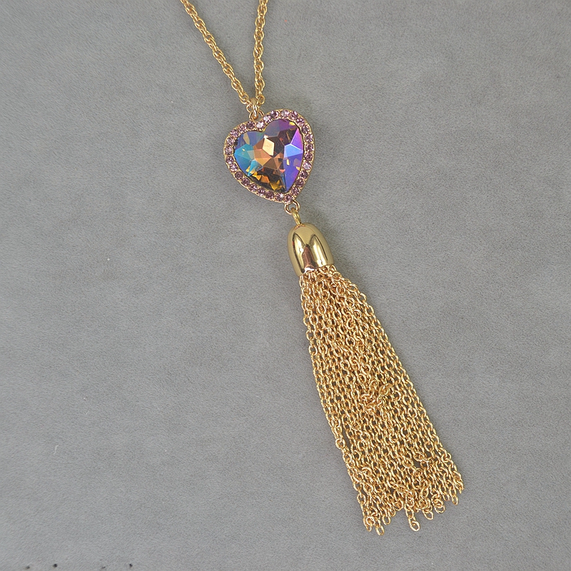 INC 镀金 紫色爱心宝石 长版 项链