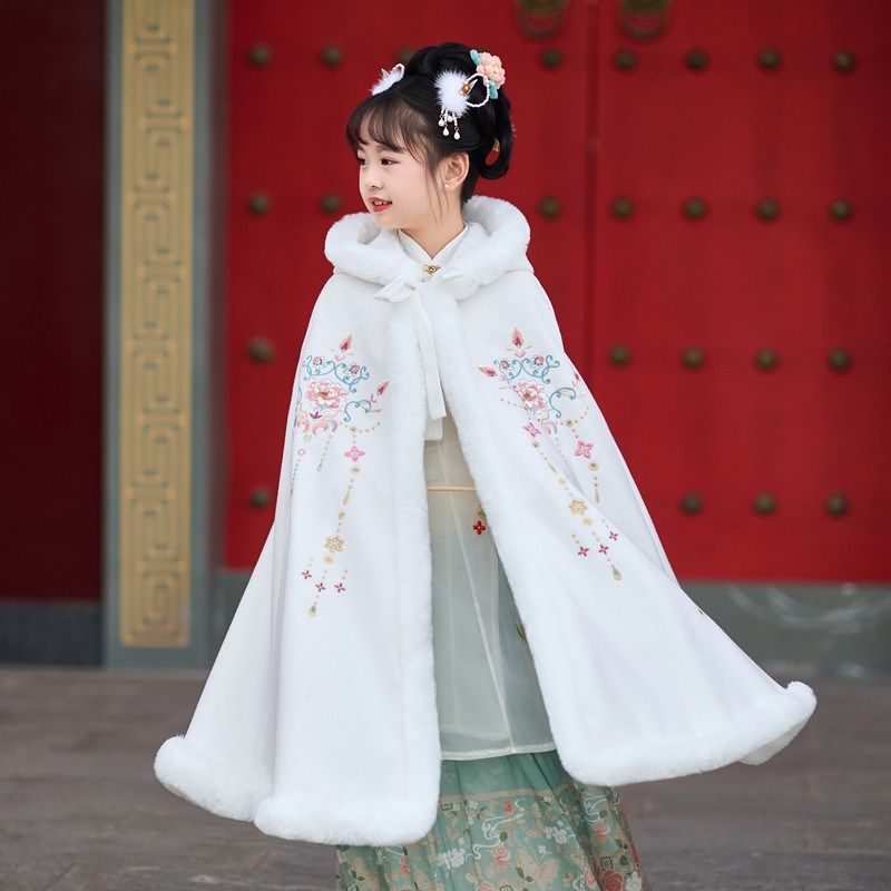 好货女童冬季喜庆保暖加绒加厚斗篷外套中国风女宝超仙古装汉服披