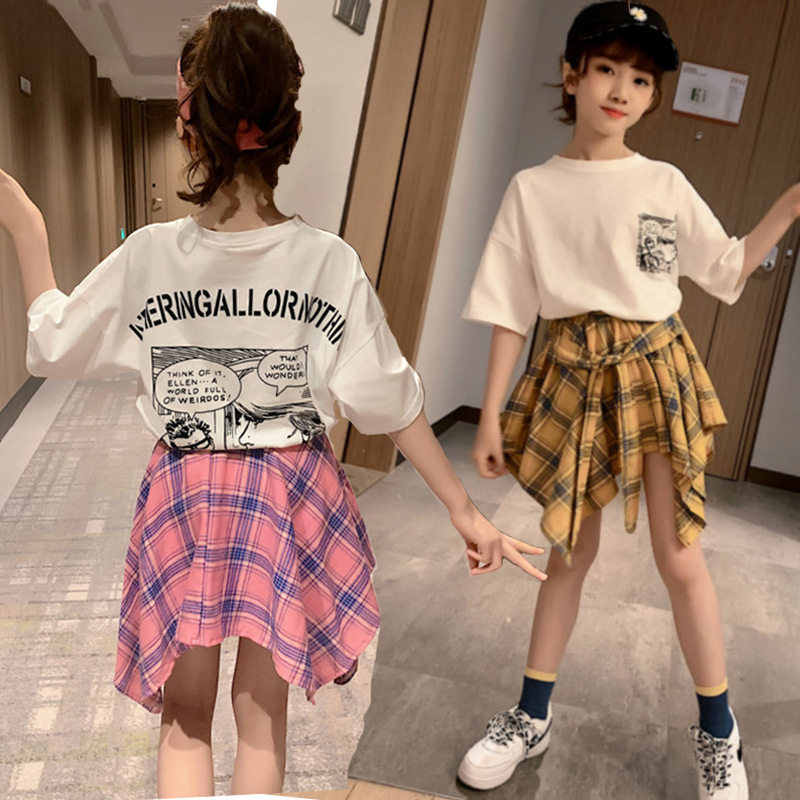 好货女童夏装2022新款韩版套装儿童洋气套裙短袖潮衣格子裙子两件