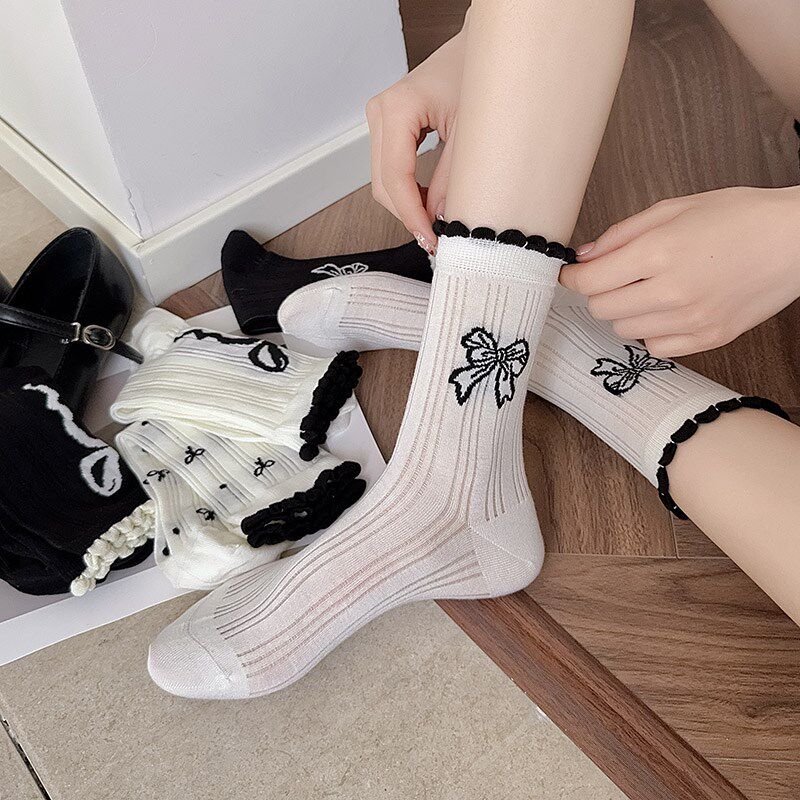 好货蝴蝶结花边袜子女中筒袜春夏季纯棉日系少女可爱黑色白色薄款