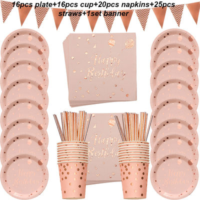 新品Happy Birthday Decorations Rose Gold dot Disposable Tabl