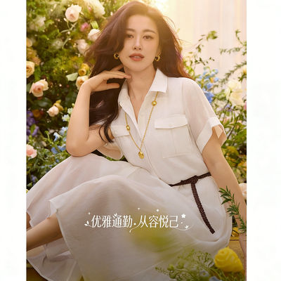 【朱珠同款】伊芙丽苎麻短袖精致连衣裙赠腰带长裙2026春季新款