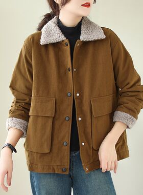 新品羊羔毛翻领加绒工装棉服x女冬季爆款妈妈休闲大码夹克棉衣短