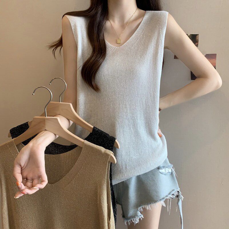 新品设计感金丝闪闪nV领吊带背心女夏天大码胖mm显瘦遮肚子薄款冰