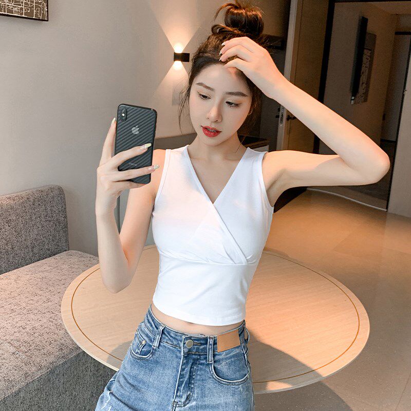 新品黑色v领吊带背心女内搭夏外穿新款设计感P纯棉无袖短款打底上