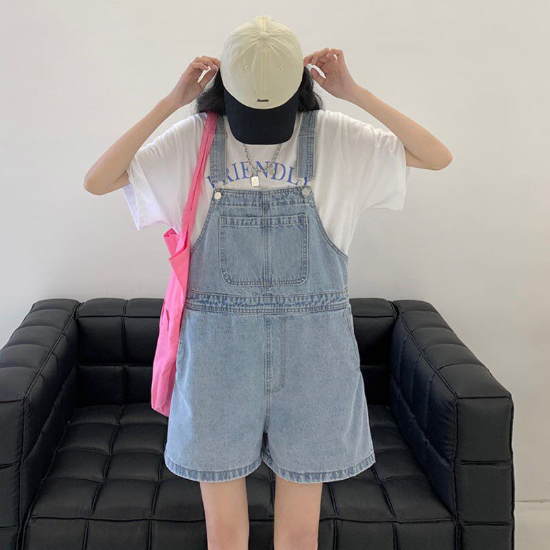 新品奶系减龄牛仔背o带裤女夏季薄款韩版宽松小个子阔腿短裤吊带