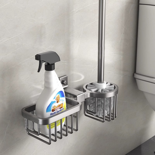 化妆室马桶刷置物架太空铝壁挂免打孔 家用无死角 厕所刷子收纳层