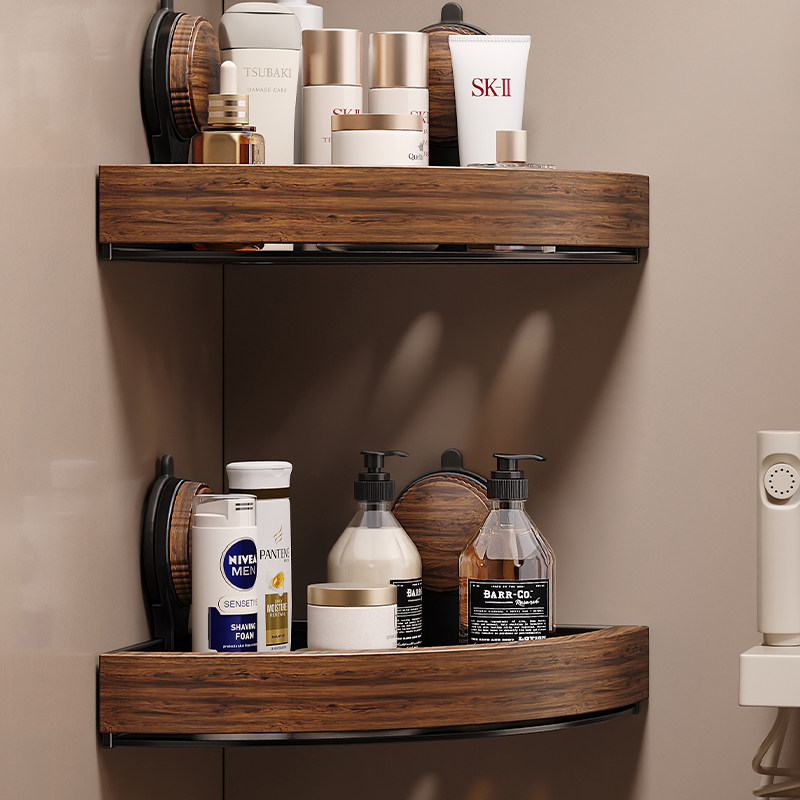 胡桃木吸盘卫生间置物架免打孔浴室淋浴房洗手间洗漱台三角收纳架