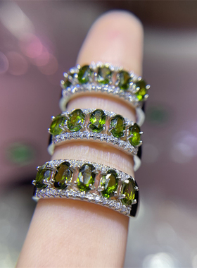 新品天然透辉石排戒 戒指女款 白铜镀银活U口 Y1583