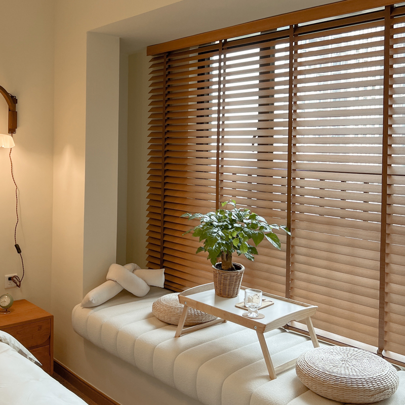 极速实木百叶f窗家用木质窗帘办公室书房客厅餐厅遮光遮阳电动升